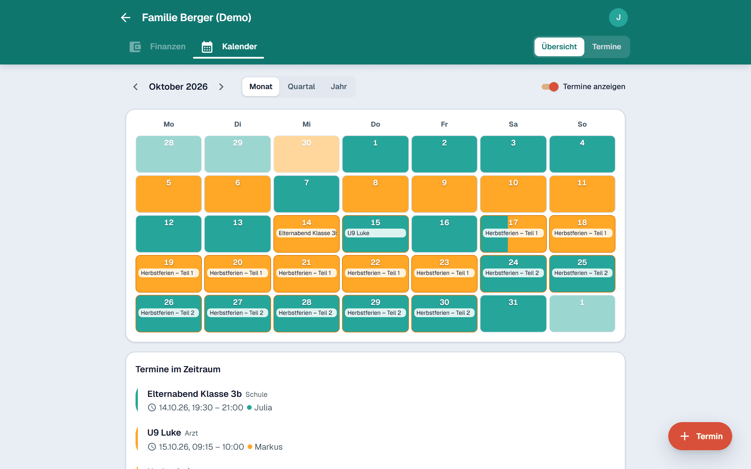 Kalender in FairShare: Monatsansicht mit Betreuungstagen beider Eltern